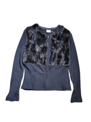 Joseph Ribkoff Black Faux fur Knit Zip Cardi | Best fit 14-16