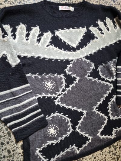 Mia Cossotta Black Grey Embroidered Wool Blend Sweater | Best fit 12-16 - Image 3